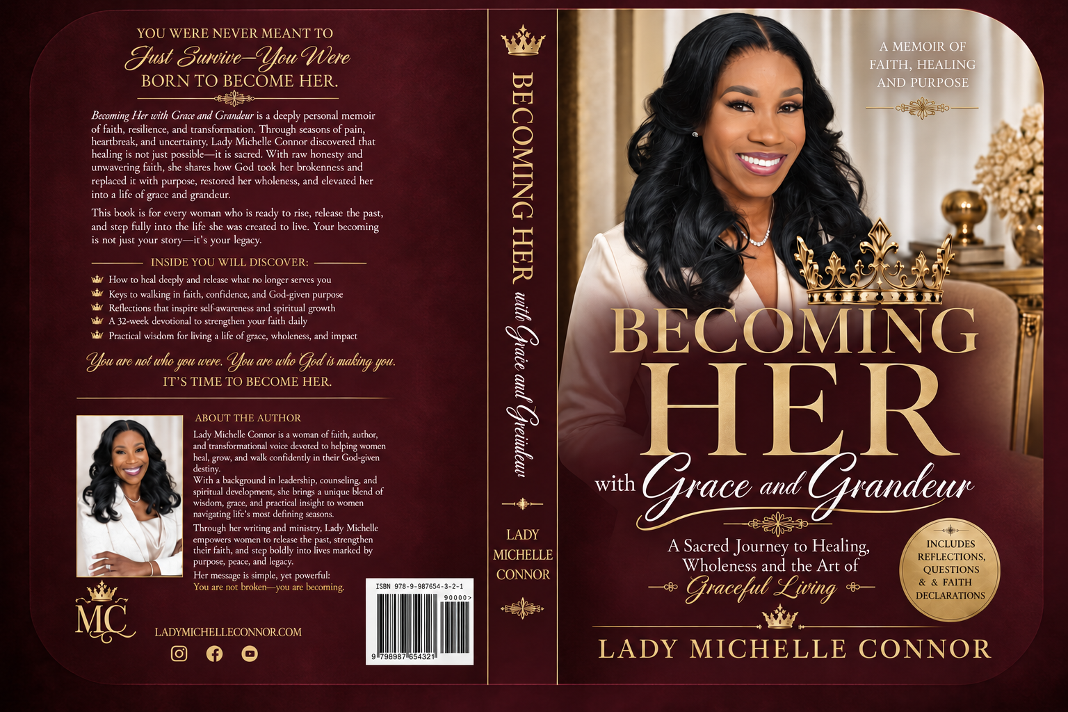 Complete front cover, spine, and back cover of Becoming Her with Grace and Grandeur by Lady Michelle Connor
