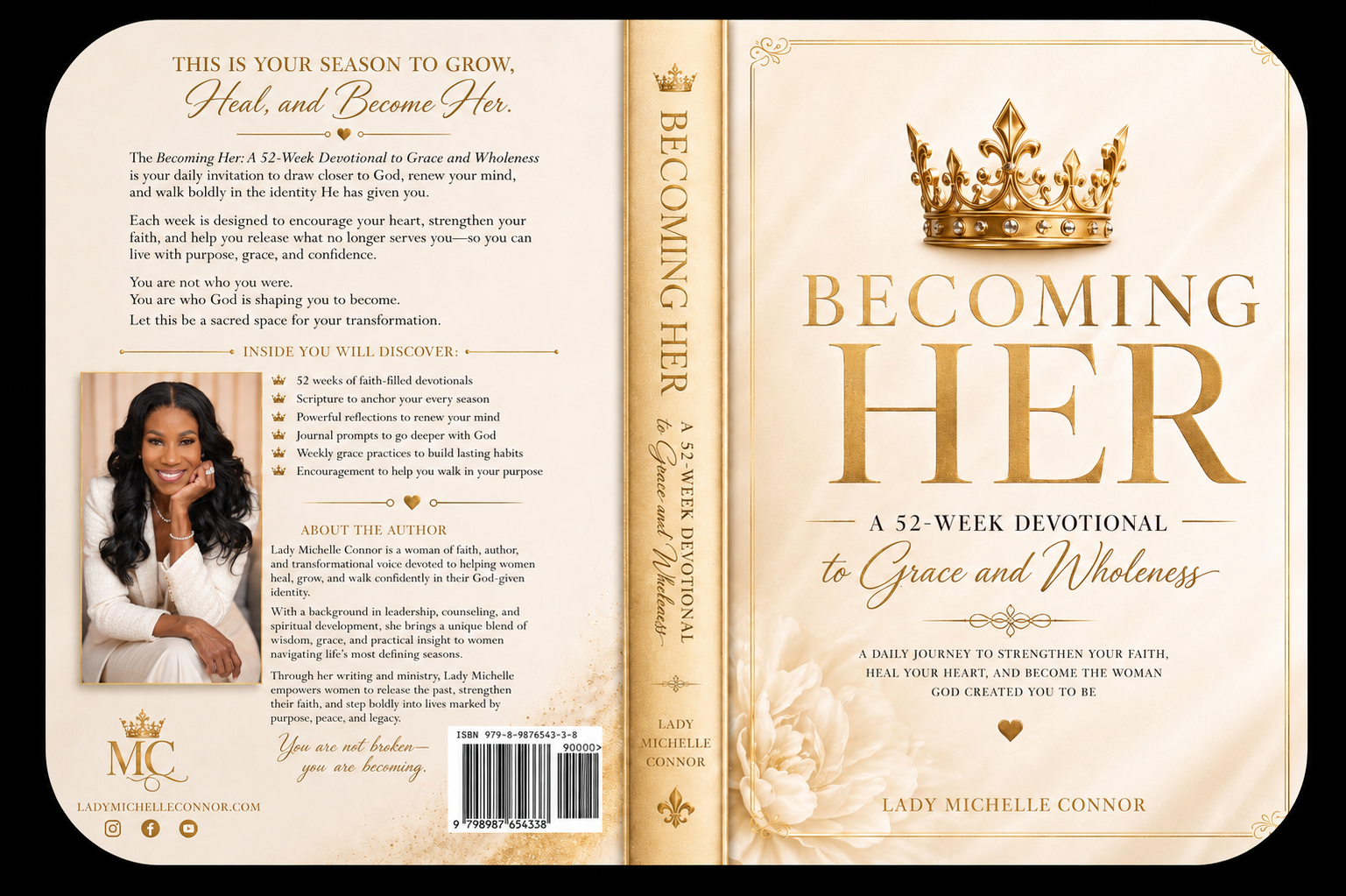 Complete front cover, spine, and back cover of Becoming Her: A 52-Week Devotional to Grace and Wholeness by Lady Michelle Connor