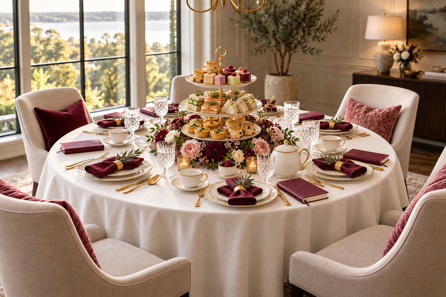 Her Circle of Radiance Table with white linen, burgundy napkins, a three-tier stand of scones, mini sandwiches, petit fours and mini quiches, and flowers around its base