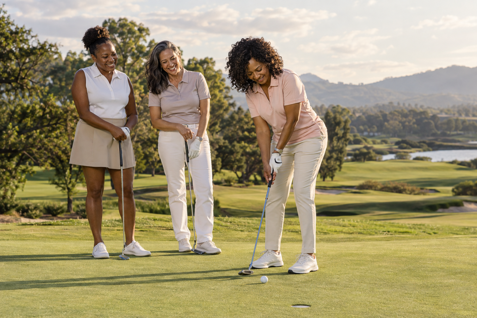 Women sharing a joyful golf outing on a green course